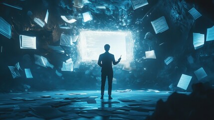 Poster - A man stands in front of a holographic display of a document management system, using a pen to touch and manipulate files, showcasing cutting-edge technology in action