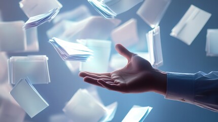 Poster - A man's hand reaches toward a hologram of a document management system, with files organized in a 3D space.