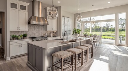 A modern kitchen interior showcases a stylish bar island, chic cabinetry, and an efficient electric stove, blending elegance with functionality for everyday cooking