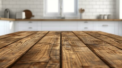 Wall Mural - A rustic wooden table captures attention with its rich grain, set against a softly blurred kitchen backdrop for branding.