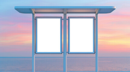 Wall Mural - A serene bus stop at twilight features empty billboards framed by a beautiful pastel sunset, ideal for outdoor ads.