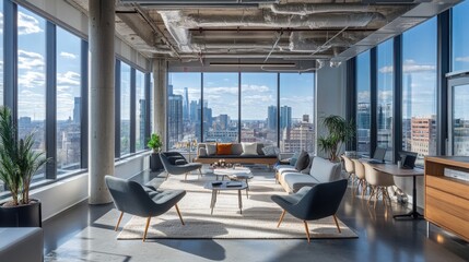 A modern open office showcases expansive windows that provide an inspiring city backdrop. The stylish furniture and layout encourage a dynamic and productive work environment