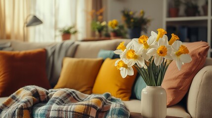 A warm living room with a cozy sofa, colorful cushions, and a plaid throw, enhanced by a vase of beautiful narcissus flowers adding a touch of nature