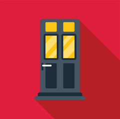 Poster - classic front door with glass panes casting a long shadow on a red background, perfect for architect