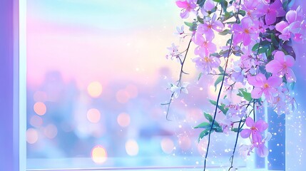 Poster - A cute pink sparkle background with small flowers and bokeh. 