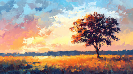 Poster - Impressionist palette knife oil painting, landscape with tree under sunset or sunrise. design for wall art, poster print, wallpaper & background. Impressionist Landscape. Illustration