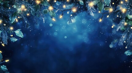 Poster - Elegant blue Christmas garland with twinkling lights, hanging gracefully to create a festive and inviting holiday background