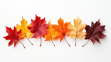 Poster - Elegant display of maple leaves on a white background, featuring a mix of red, orange, and yellow hues for a vibrant autumn effect