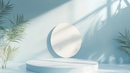 Poster - Elegant minimal 3D render featuring a podium and pastel blue and white abstract background.