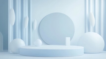 Poster - Elegant minimal 3D render featuring a podium and pastel blue and white abstract background.