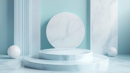 Poster - Elegant minimal 3D render featuring a podium and pastel blue and white abstract background.