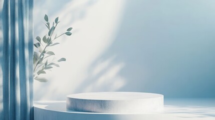 Poster - Elegant minimal scene featuring a podium on a pastel blue and white abstract background. Geometric shapes enhance the 3D render,