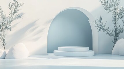Poster - Elegant podium in a minimal scene with an abstract pastel blue and white background. Geometric shapes add a trendy touch to this 3D render,