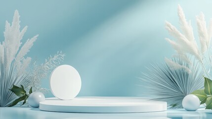 Poster - Elegant podium in a minimal scene with an abstract pastel blue and white background. Geometric shapes add a trendy touch to this 3D render,