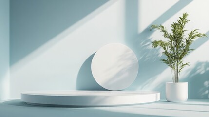 Poster - Elegant podium in a minimal setting with an abstract pastel blue and white background. Geometric shapes enhance this 3D render, making it ideal for social media and product showcases