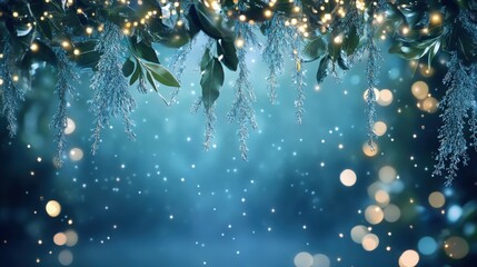 Poster - Enchanting background with a blue Christmas garland, decorated with twinkling lights that hang gracefully. Perfect for holiday visuals