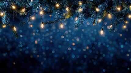 Wall Mural - Enchanting background with a blue Christmas garland, decorated with twinkling lights that hang gracefully. Perfect for holiday visuals