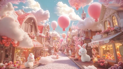 Wall Mural - Enchanting street with houses and shops made from clouds and cotton candy, filled with lively rabbits and vibrant wool-felt balloons