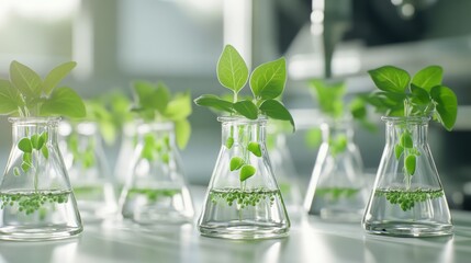 Poster - Erlenmeyer flasks containing pea plant samples growing in a lab, focusing on plant biology research and scientific discovery