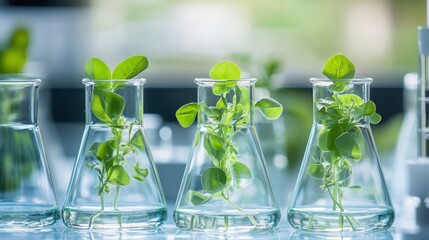 Poster - Erlenmeyer flasks containing pea plant samples in a laboratory setting, emphasizing scientific growth and research