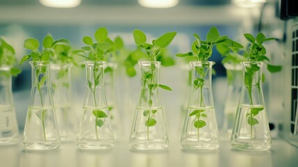 Poster - Erlenmeyer flasks containing pea plant samples in a laboratory setting, emphasizing scientific growth and research