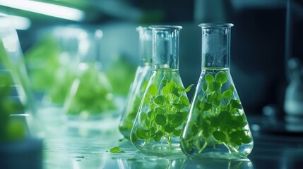 Poster - Erlenmeyer flasks containing pea plant samples in a laboratory setting, emphasizing scientific growth and research