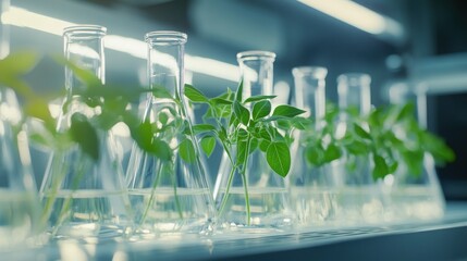Poster - Erlenmeyer flasks with pea plant samples lined up in a lab for controlled research and growth observation