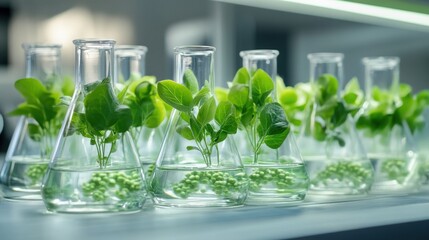 Poster - Erlenmeyer flasks with pea plant samples lined up in a lab for controlled research and growth observation