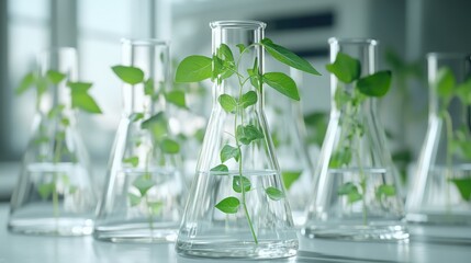 Poster - Erlenmeyer flasks with pea plants growing in a lab, demonstrating controlled experiments in plant growth and development