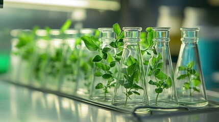 Poster - Erlenmeyer flasks with pea plant samples lined up in a lab for controlled research and growth observation