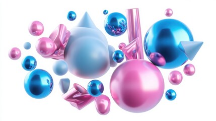 Poster - Realistic 3D composition of flying shapes, including metallic blue and pink spheres, torus, tubes, and cones, isolated on a pristine white background