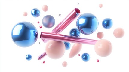 Poster - Realistic 3D composition of flying shapes, including metallic blue and pink spheres, torus, tubes, and cones, isolated on a pristine white background