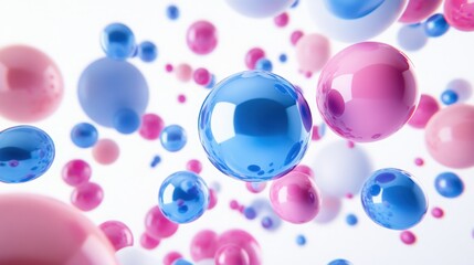 Poster - Realistic 3D composition of flying shapes, with metallic blue and pink spheres, torus, tubes, and cones, isolated on a pristine white background