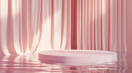 Poster - Realistic 3D render of a pastel platform podium on water with flowing curtains, ideal for a minimalistic and sophisticated product promotion setup