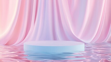 Poster - Realistic 3D render of an abstract platform podium on water, surrounded by pastel-colored waving curtains, offering a sleek backdrop for product promotions