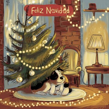 Feliz Navidad árbol de Navidad perros calligraphic merry  Christmas dog Winter tree Design Tarjetas de Navidad para perros