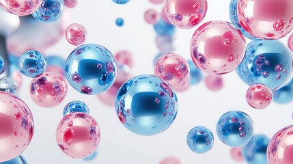 Poster - Realistic 3D render of flying shapes in motion, showcasing spheres, torus, tubes, and cones in metallic hues of blue and pink, set on a white background