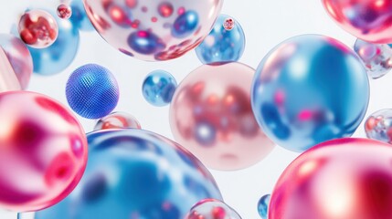 Poster - Realistic 3D render of flying shapes in motion, showcasing spheres, torus, tubes, and cones in metallic hues of blue and pink, set on a white background