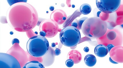 Leinwandbilder - Realistic 3D render of flying shapes, with metallic blue and pink spheres, torus, tubes, and cones dynamically arranged on a white background