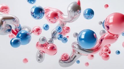 Leinwandbilder - Realistic 3D render of flying shapes, with metallic blue and pink spheres, torus, tubes, and cones dynamically arranged on a white background