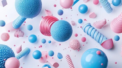 Leinwandbilder - Realistic 3D render of flying shapes, with metallic blue and pink spheres, torus, tubes, and cones dynamically arranged on a white background