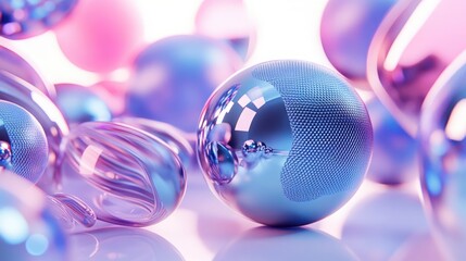 Wall Mural - Realistic 3D render showcasing abstract shapes in motion, including metallic blue and pink spheres, torus, tubes, and cones against a white surface