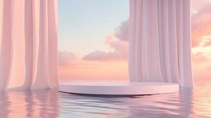 Wall Mural - Realistic pastel 3D render of a modern abstract platform podium on water, with flowing curtains, ideal for showcasing products in a clean, minimal setting