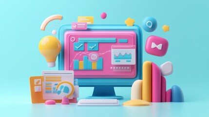 Poster - Render of a 3D SEO marketing concept with web analytics dashboards, SEO tools, and growth tracking, highlighting a strategic approach to digital marketing
