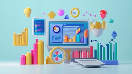 Poster - Render of a 3D SEO marketing concept with web analytics dashboards, SEO tools, and growth tracking, highlighting a strategic approach to digital marketing