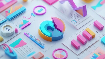 Poster - Render of a 3D SEO marketing concept with web analytics charts, SEO tools, and performance metrics,