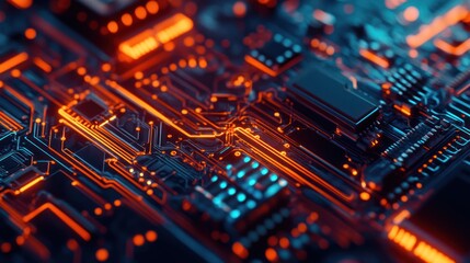 Poster - Closeup of a Circuit Board with Glowing Orange Lines