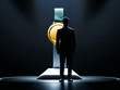 © BLKstudioPlus - A male businessman stands on stage with a gold medal representing success behind him