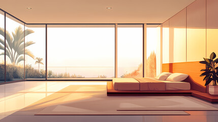 Spacious bedroom in a contemporary home with large windows and minimalist design. Minimalist Design. Illustration