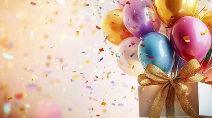Poster - A close-up of a gift box with a golden ribbon, filled with balloons in vibrant colors, set against a light background with soft gradients and confetti scattered around.
